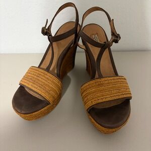 UGG Australia Lucianna Brown Leather Raffia T-Strap Wedge Sandals F29015A Size 8